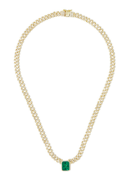 Pave Curb Chain Necklace, Gold-Plated Brass, Emerald & Cubic Zirconia